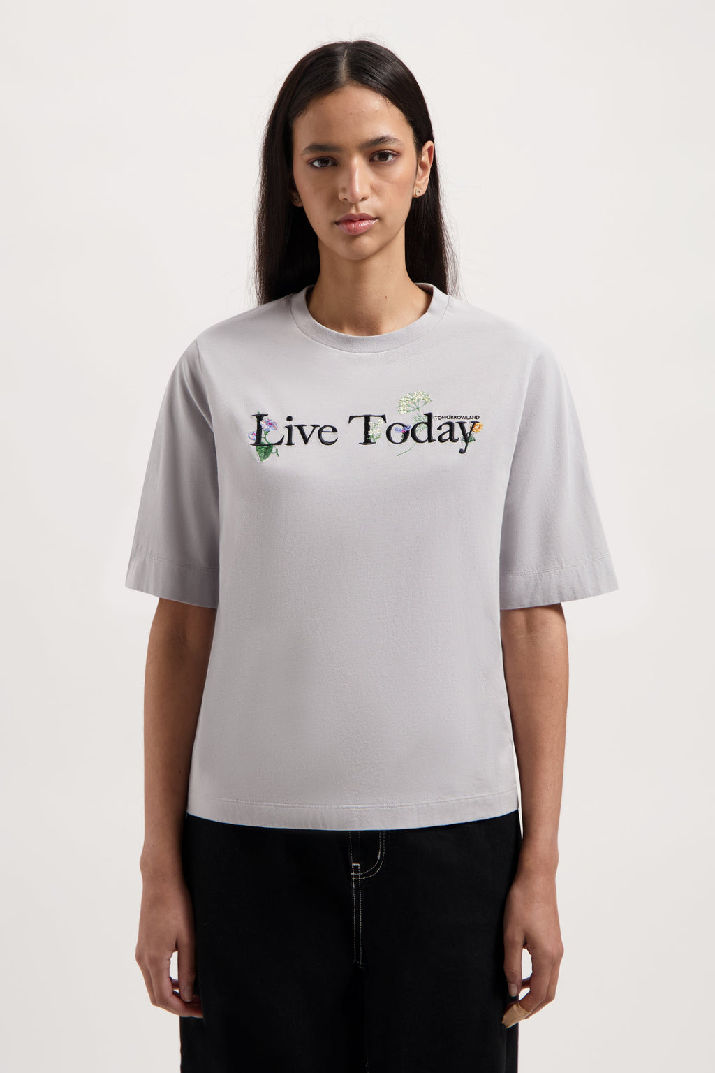 FLOWER SLOGAN TSHIRT WOMEN GREY