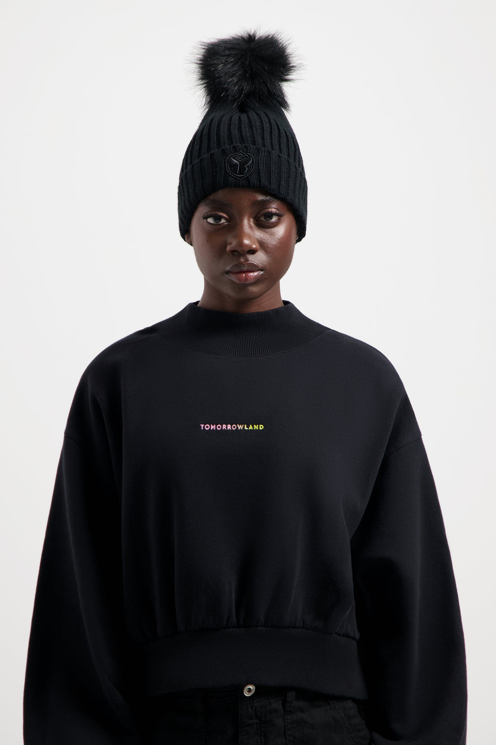 POMPOM BEANIE BLACK TONAL ARTWORK