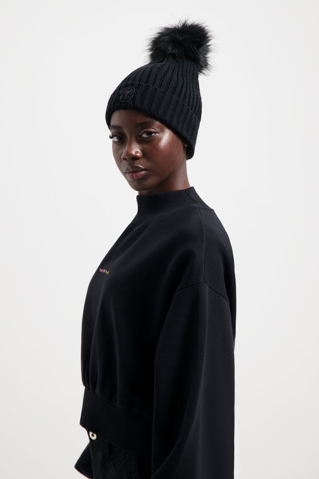POMPOM BEANIE BLACK TONAL ARTWORK